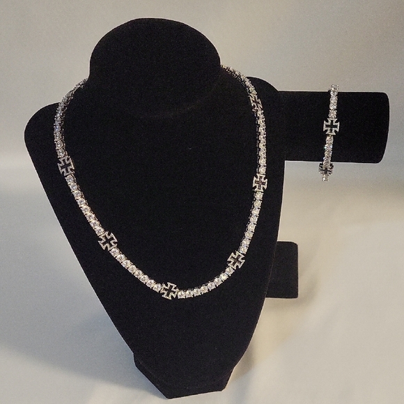 Silver Necklace and Bracelet Set with black Cross